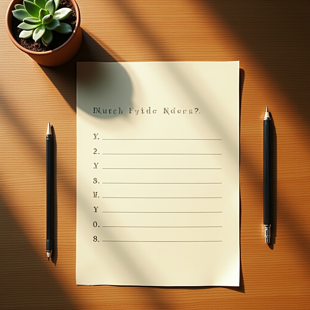 A structured review worksheet with orienting questions laid out on a clean desk