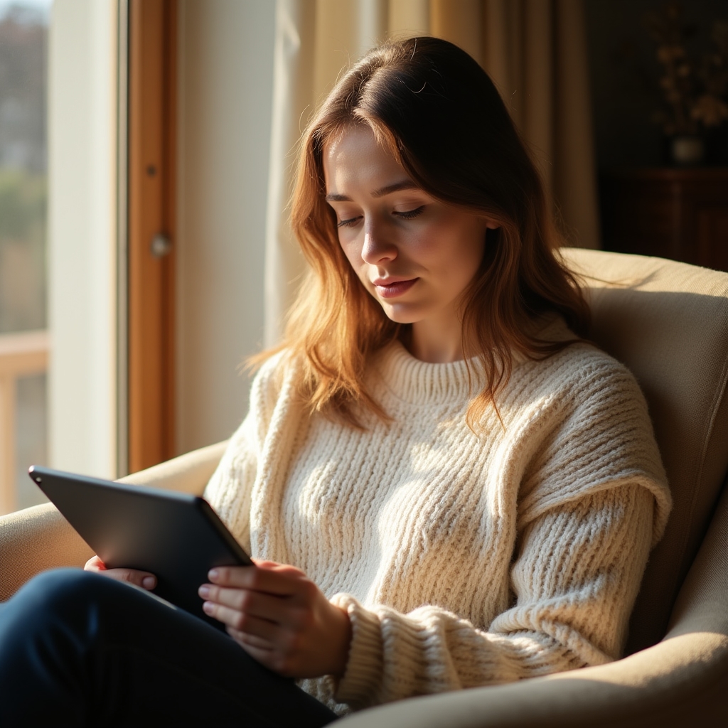 A young person sitting comfortably reading educational material on a tablet, warm morning light